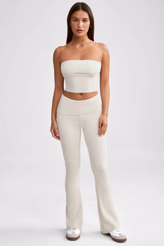 Chunky Knit Foldover Kick Flare Trousers in Cream