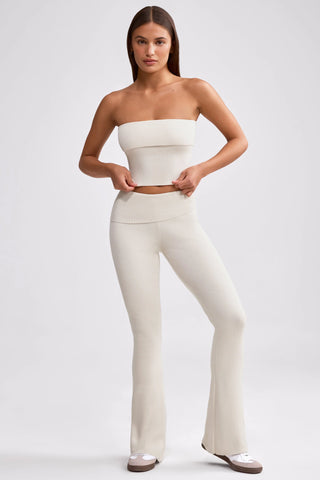 Chunky Knit Foldover Kick Flare Trousers in Cream