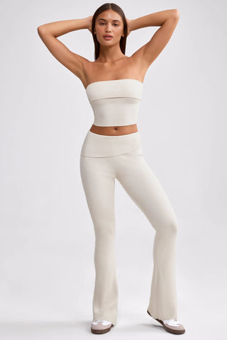 Chunky Knit Foldover Kick Flare Trousers in Cream