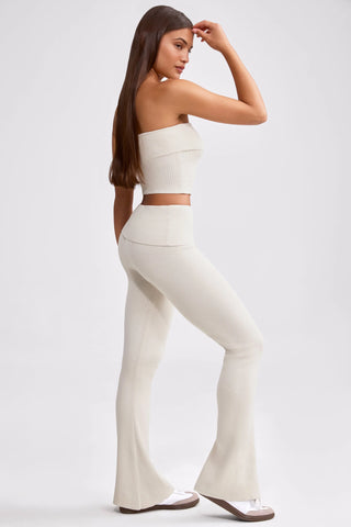 Chunky Knit Foldover Kick Flare Trousers in Cream