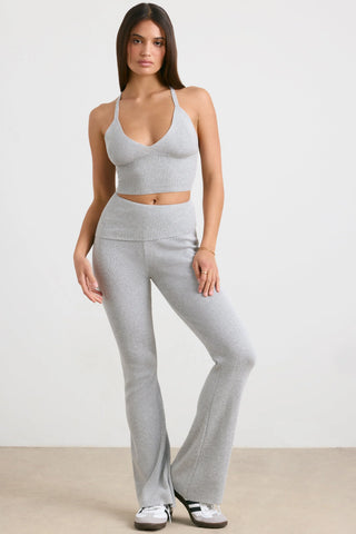 Chunky Knit Foldover Kick Flare Trousers in Grey Marl