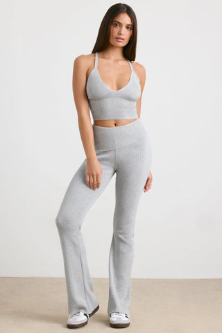 Chunky Knit Foldover Kick Flare Trousers in Grey Marl