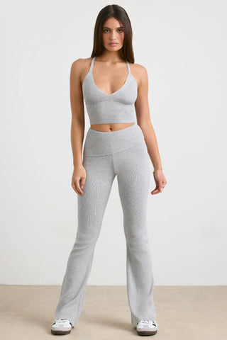 Chunky Knit Foldover Kick Flare Trousers in Grey Marl