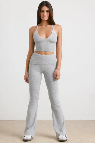 Chunky Knit Foldover Kick Flare Trousers in Grey Marl