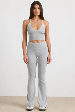 Chunky Knit Foldover Kick Flare Trousers in Grey Marl