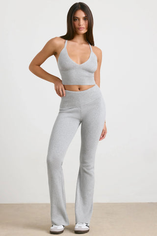 Chunky Knit Foldover Kick Flare Trousers in Grey Marl