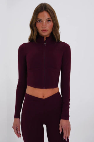 Soft Active Zip-Up Cropped Jacket in Burgundy