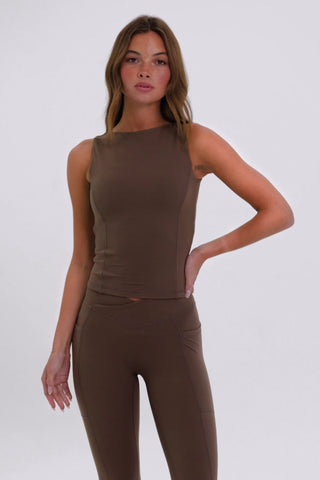 Soft Active Boat-Neck Open-Back Tank Top in Cocoa