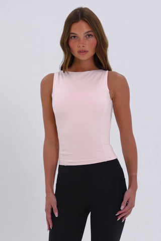 Soft Active Boat-Neck Open-Back Tank Top in Ballet Pink