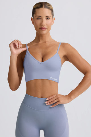 Define Luxe V-Neck Sports Bra in Blue Grey