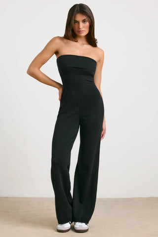Chunky Knit Bandeau Kick Flare Jumpsuit in Black