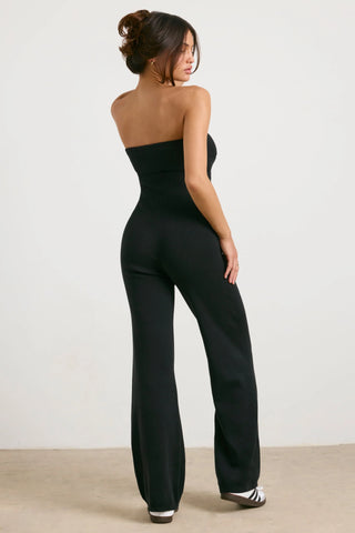 Chunky Knit Bandeau Kick Flare Jumpsuit in Black