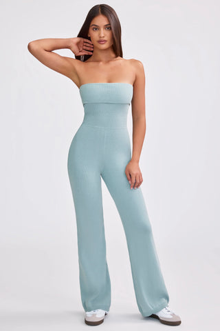 Chunky Knit Bandeau Kick Flare Jumpsuit in Dusty Teal