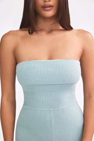 Chunky Knit Bandeau Kick Flare Jumpsuit in Dusty Teal