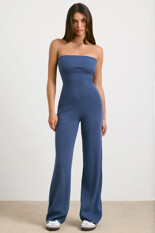 Chunky Knit Bandeau Kick Flare Jumpsuit in Washed Navy