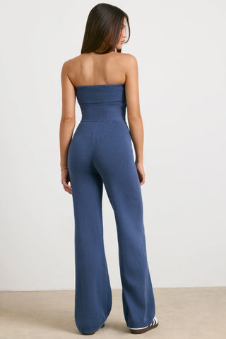 Chunky Knit Bandeau Kick Flare Jumpsuit in Washed Navy