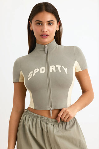 Cotton Jersey Colourblock Zip-Up Crop Top in Mineral