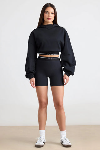 Stretch Cotton Fleece Cropped Hoodie in Black