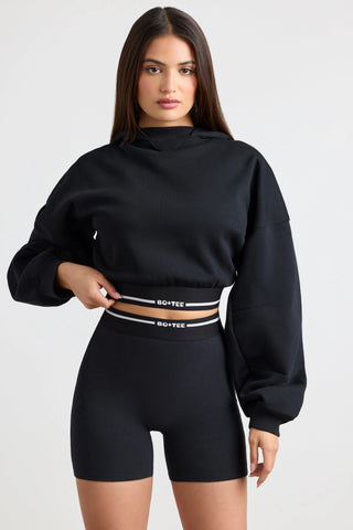 Stretch Cotton Fleece Cropped Hoodie in Black