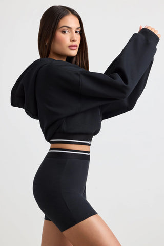 Stretch Cotton Fleece Cropped Hoodie in Black