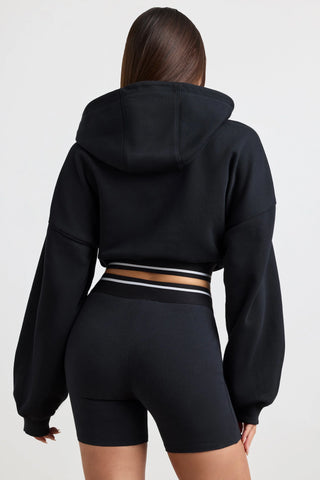Stretch Cotton Fleece Cropped Hoodie in Black