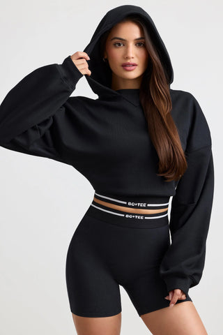 Stretch Cotton Fleece Cropped Hoodie in Black