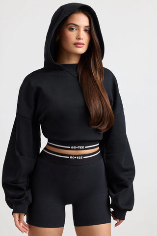 Stretch Cotton Fleece Cropped Hoodie in Black