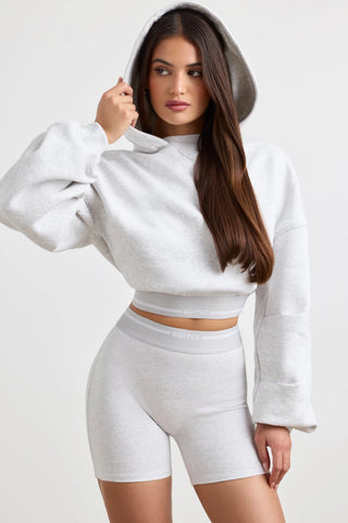 Stretch Cotton Fleece Cropped Hoodie in Grey Marl