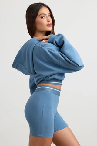 Stretch Cotton Fleece Cropped Hoodie in Steel Blue