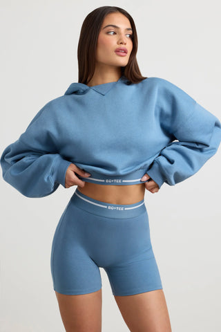 Stretch Cotton Fleece Cropped Hoodie in Steel Blue