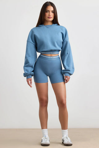 Stretch Cotton Fleece Cropped Hoodie in Steel Blue