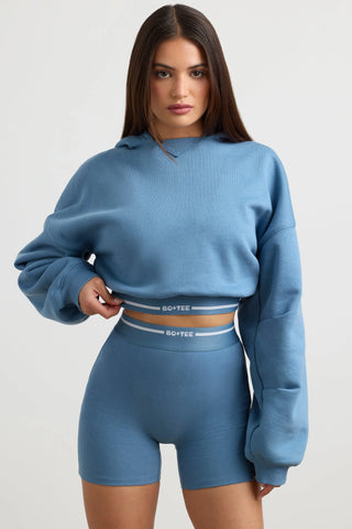 Stretch Cotton Fleece Cropped Hoodie in Steel Blue