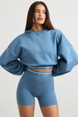 Stretch Cotton Fleece Cropped Hoodie in Steel Blue