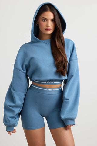 Stretch Cotton Fleece Cropped Hoodie in Steel Blue
