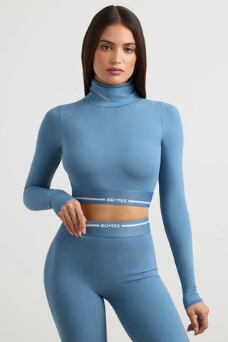 Backless Turtleneck Long-Sleeve Crop Top in Steel Blue