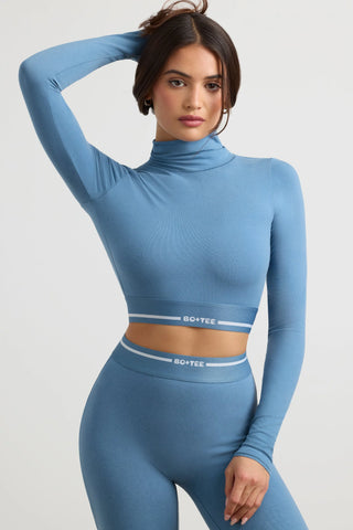 Backless Turtleneck Long-Sleeve Crop Top in Steel Blue