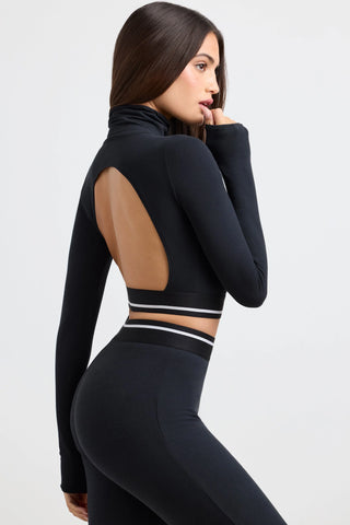 Backless Turtleneck Long-Sleeve Crop Top in Black