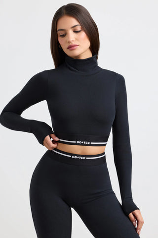 Backless Turtleneck Long-Sleeve Crop Top in Black