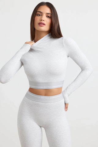 Backless Turtleneck Long-Sleeve Crop Top in Grey Marl