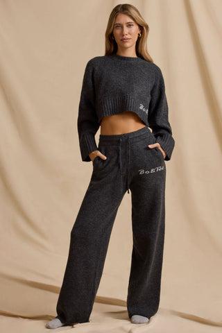 Ribbed Knit Mid-Rise Wide-Leg Joggers in Charcoal Marl