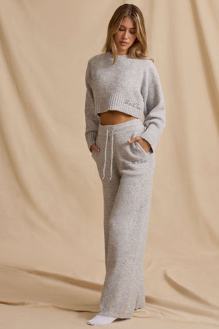 Ribbed Knit Mid-Rise Wide-Leg Joggers in Ice Marl