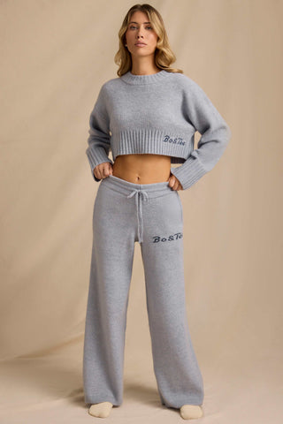 Ribbed Knit Mid-Rise Wide-Leg Joggers in Soft Blue
