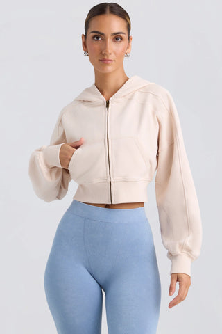 Brushed Jersey Zip-Up Cropped Hoodie in Washed Cream