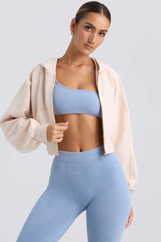 Brushed Jersey Zip-Up Cropped Hoodie in Washed Cream