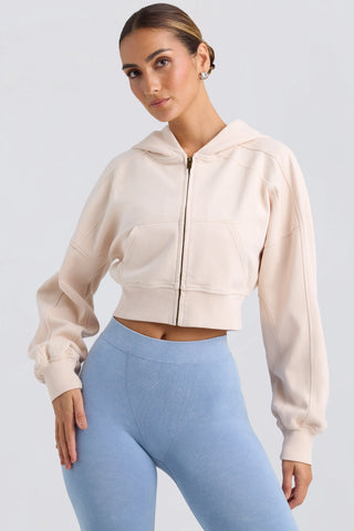 Brushed Jersey Zip-Up Cropped Hoodie in Washed Cream