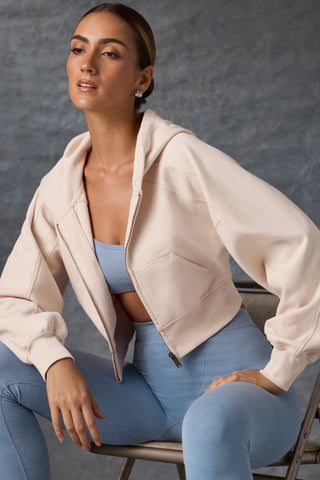 Brushed Jersey Zip-Up Cropped Hoodie in Washed Cream