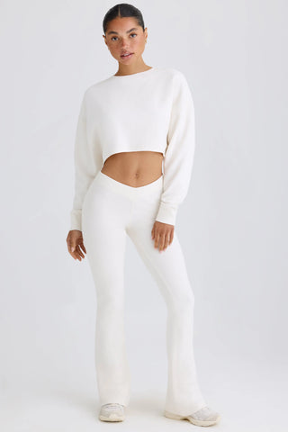 Textured Cotton Jersey Flared Trousers in White