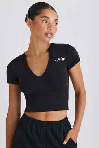 Stretch Cotton Jersey Graphic Print Cropped T-Shirt in Black