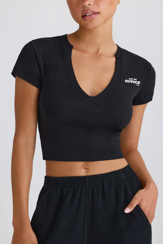 Stretch Cotton Jersey Graphic Print Cropped T-Shirt in Black