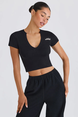 Stretch Cotton Jersey Graphic Print Cropped T-Shirt in Black